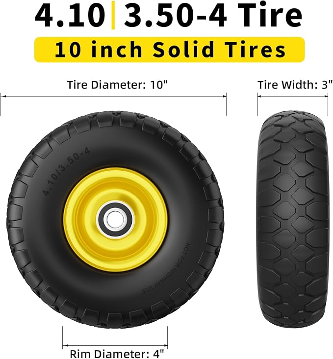 RONPOW 4.10/3.50-4 Flat Free Tire, 10 Inch Solid Tires, 500Lb Heavy Duty Replacement Wheel with 5/8" Bearings, Compatible with gorilla Cart, Garden Carts, Dump Wagons, Dolly & Hand Trucks, 2Pcs Yellow