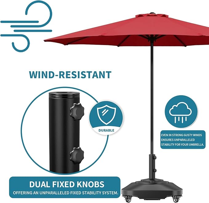 Umbrella Base,Heavy Duty Patio Umbrella Stand with 5 Wheels, Max 145lb Fillable Umbrella Holder Wind-Resistant, Mobile Square Market Stand for Outdoor, Deck, Lawn, Fits Most Sized Umbrellas (21 in)