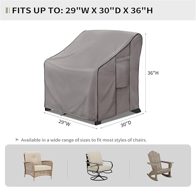 KylinLucky Patio Chair Covers 2-Pack 29"x30"x36" 600D, Waterproof Outdoor Dining Chair Covers with Security Straps & Easy Handles, Grey