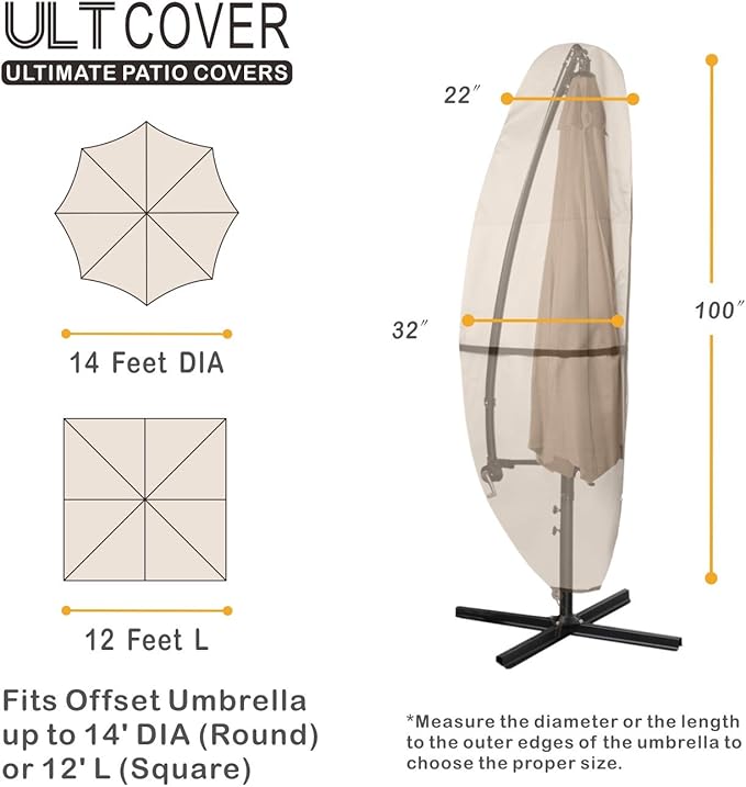 ULTCOVER Patio Parasol 600D Waterproof Outdoor Offset Banana Style Umbrella Cover - Fits Cantilever Offset Umbrella 12-14 Feet