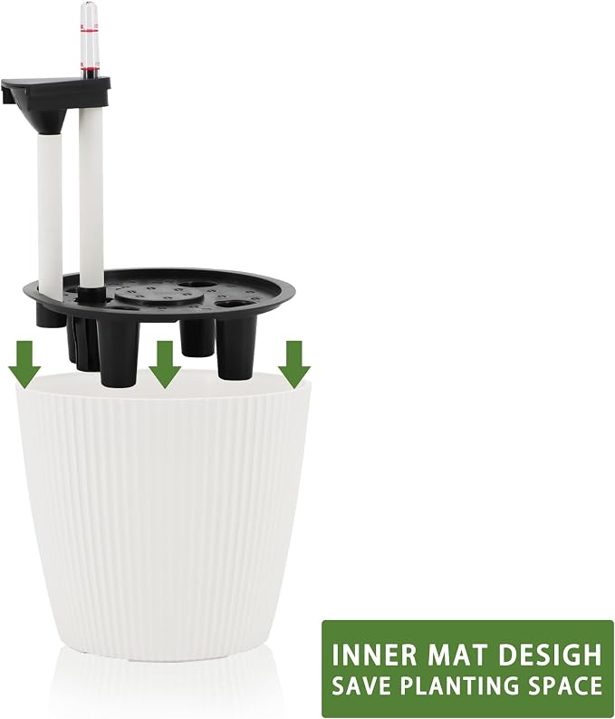 Dexceder 11x10 Self Watering Planters Indoor (2 Pack, White) | Inner Mat Design, Table Flower Plant Pot with Water Level Indicator