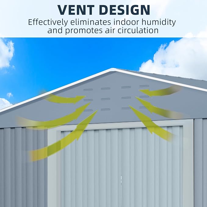 GarveeLife Large Outdoor Metal Storage Shed, 8x12 ft Metal Shed with Lockable Doors, Large Garden Tool Shed with Sturdy Frame Structure, for Backyard, Patio, Lawn, Grey