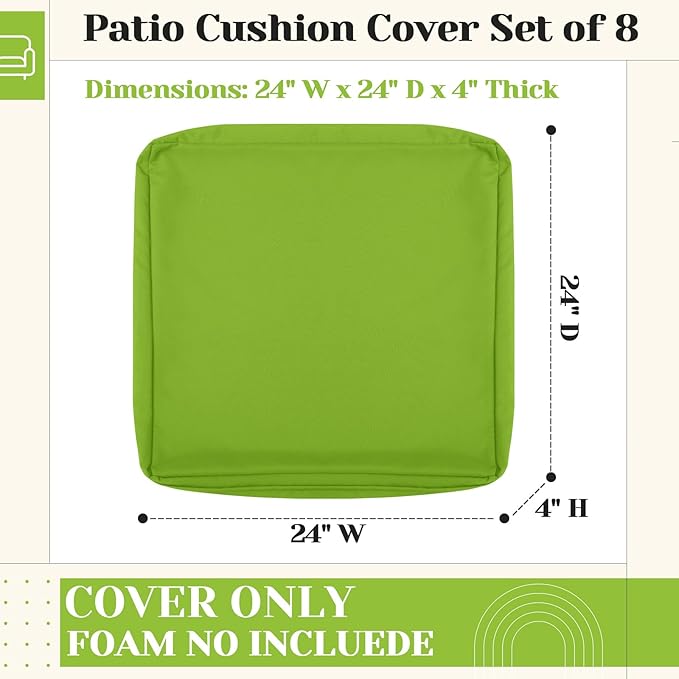 Mindsoft 8 Pcs 24"x24" Patio Cushion Covers Outdoor Cushion Covers Replacement High UV Resistant Anti Slip Waterproof Patio Chair Seat Slipcovers for Outdoor Furniture(Green)