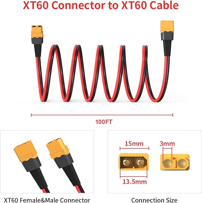 ELFCULB 10AWG 100FT XT60 Extension Cable 2 6 10 20 35 50 75 100FT XT60 Female to Male Connector for RC Battery Portable Power Station Solar Panel(100FT)