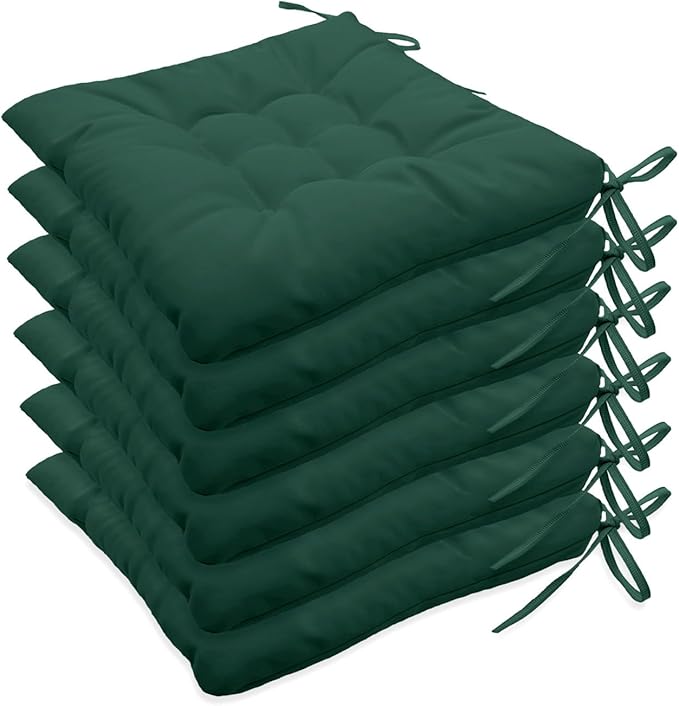Outdoor Indoor Tufted Chair Cushions, Seat Cushions with Ties, Chair Pads Waterproof for Porch Kitchen Office Garden Forest Green 16" x 16", Set of 6