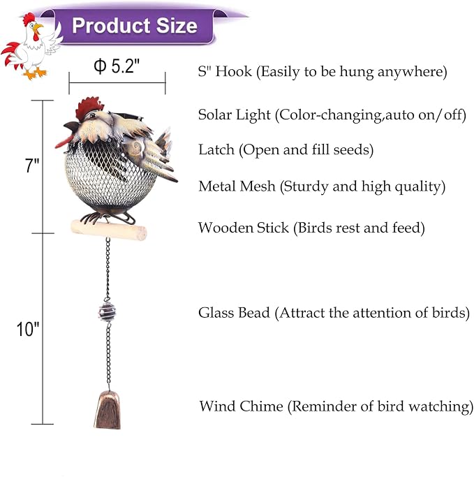 Solar Rooster Bird Feeder Squirrel Proof for Outside - Unique Cute Metal Animal Shaped Wild Bird Feeder with Solar Light, Wind Chime, Gift for Bird Lovers(Rooster)