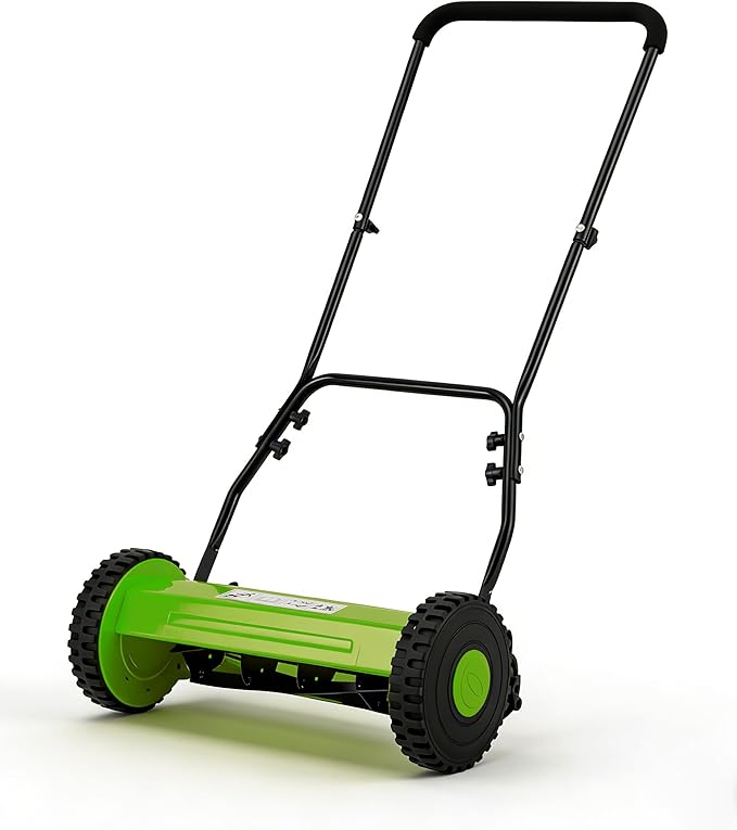 16 Inch Manual Reel Lawn Mower, 5-Blade Push Reel Mower with Adjustable Cutting Height, Walk-Behind Compact Hand Push Mower for Small Yards, Quiet Cordless Mowing (Green) — No Grass Catcher Bag