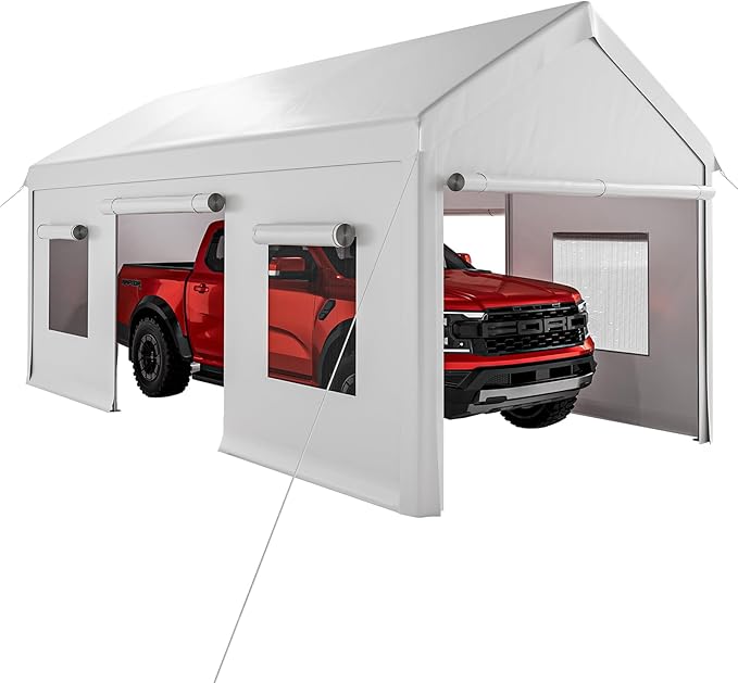 10x20ft Heavy Duty Carport with Reinforced Steel Frame, Removable Sidewalls & Doors, Waterproof Canopy, Roll-Up Windows, Weather-Resistant Shelter for Cars, Boats, and Outdoor Equipment