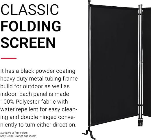 Proman Products - Galaxy 2 Panel Section Privacy Folding Screen Divider, Water Repellent Fabric Room Divider with Black Powder Coated Metal Frame for Indoors or Outdoors (Black)