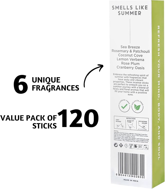 Folkulture Incense Sticks (120 Sticks) | Set of 6 Smell Like Summer Vibes Incense for Relaxation | No Charcoal,Organic,Non Toxic,45 Mins Burn Time Sea Breeze, Lemon Summer Scents Insence-Sticks