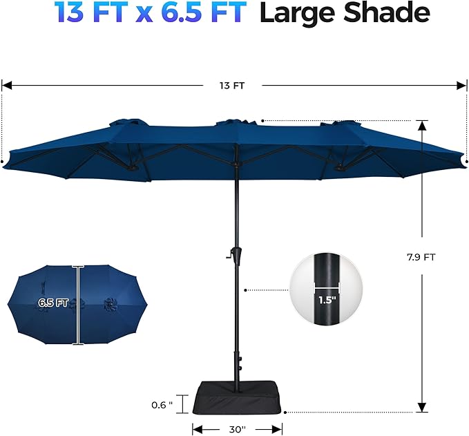 SUPERJARE 13FT Outdoor Patio Umbrella with Base Included, Double Sided Pool Umbrellas with Fade Resistant Canopy, Large Table Umbrella for Deck, Market, Backyard - Navy Blue