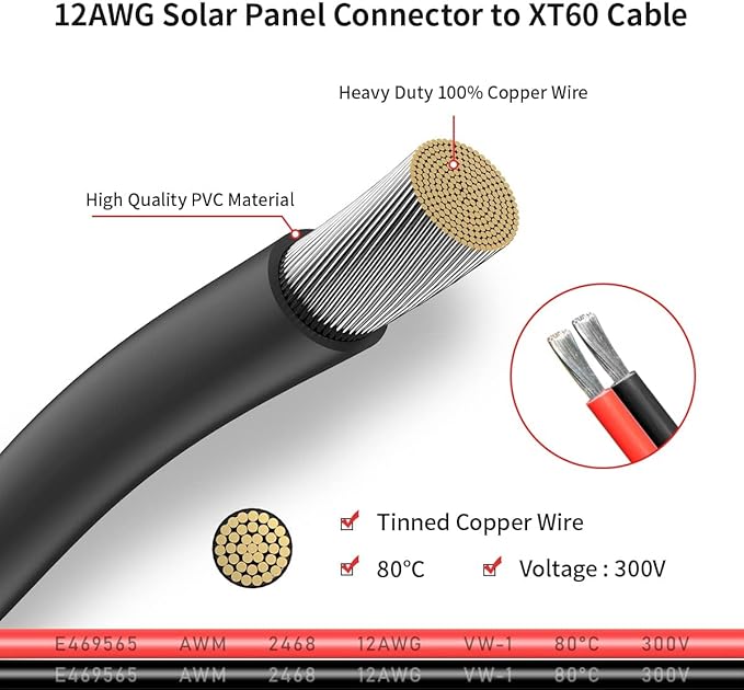 ELFCULB 12AWG 100FT XT60 Solar Cable 2 6 10 25 35 50 75 100FT XT60 Extension Cable Solar Panel Connector to XT60 Connector for Portable Power Station