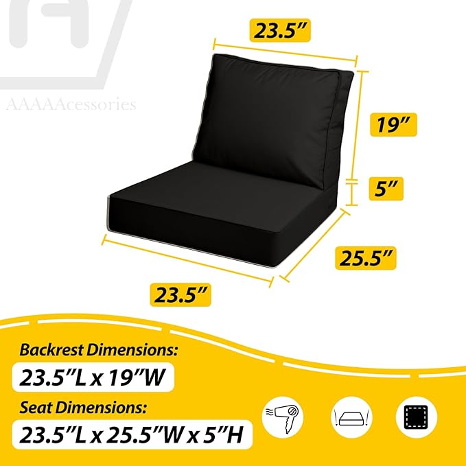 AAAAAcessories Outdoor Deep Seat Cushions with Double Welted Pillow, Waterproof, Fade-Resistant Patio Furniture Replacement Cushions, 23.5" x 25.5" x 5" + 23.5" x 19", Charcoal Black