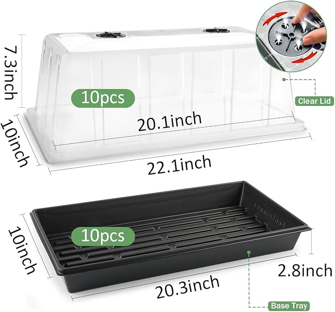 1020 Trays with Tall 7.3" Dome, 10-Pack Extra Large Seed Starter Tray with Humidity Domes, Heavy Duty 1020 Seed Trays and Flats with Lid, Seed Germination Mini Greenhouse No Hole for Balcony Garden