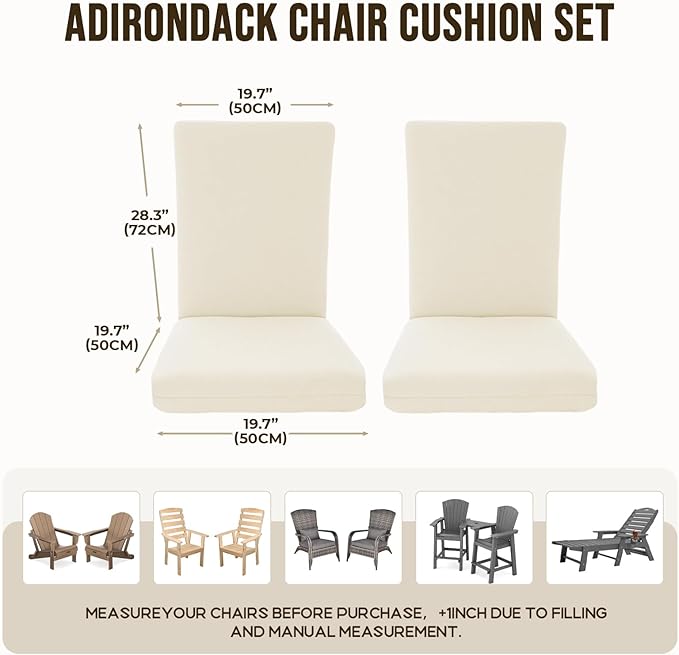 Adirondack Chair Cushions, Waterproof & Fade-Resistant Outdoor Rocking Chair Cushion Set, Removable Seat Pads with Ties for High Back Dining or Patio Chairs, Cream