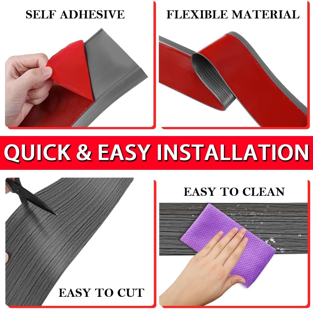 FONUNO Vinyl Wall Base Baseboard Molding Trim 4" Flexible Self Adhesive Rubber Wall Base Moulding Trim Peel and Stick Design, 4 Inch x 60 Feet, Dark Gray Wood Grain