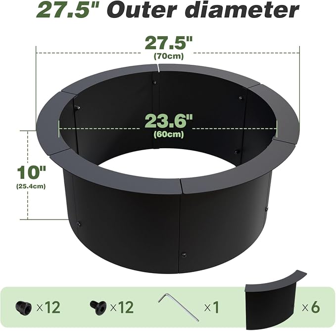 Outdoor Fire Pit Ring 27.5-Inch Outer/23.6-Inch Inner, Fire Pit Insert Round Metal Steel Fire Rings for Outside Wood Burning Fire Pits-Above Or In-Ground, Patio Backyard Camping Bonfire