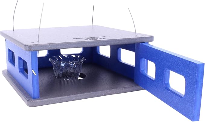 Bluebird Feeder - Hanging Block House Mealworm Feeder for Bluebirds - Amish-Made with Poly Lumber (Gray and Blue)