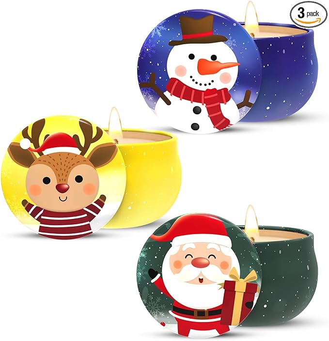 Set of 3 Christmas Santa Claus, Snowman and Elk Deer Themed Cedar, Apple&Cinnamon and Vanilla&Cake Scented Gift Candles Set to Women Small Natural Soy Wax Candles for Home in Decorative Metal Tin