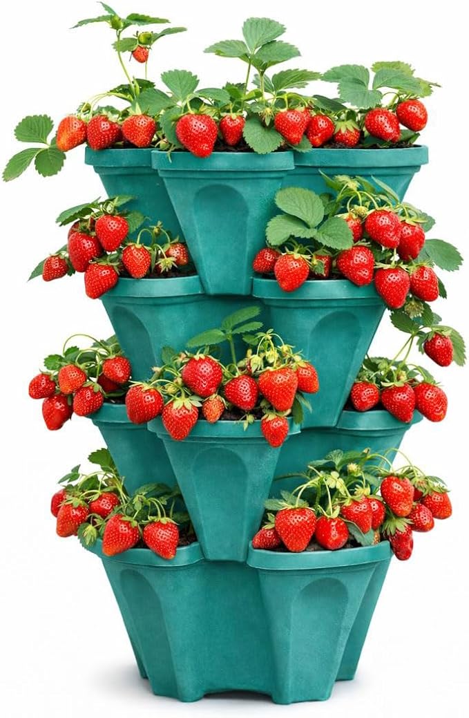Strawberry Planter Tower, 4 Tier Stackable Vertical Planter, 16 Plant Sites, Space Saving Garden Planter, Indoor Outdoor, Made in USA (Mineral Teal, Small)