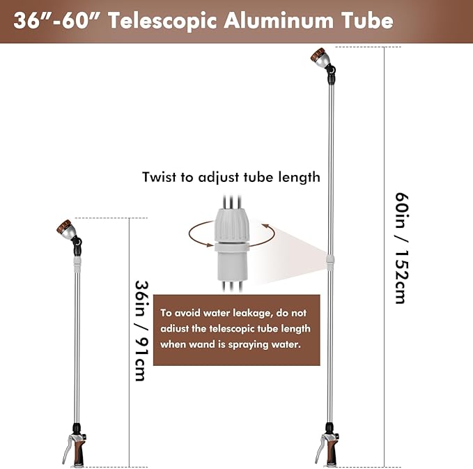 RESTMO 36”-60” Metal Watering Wand, Long Telescopic Tube | 180° Adjustable Ratcheting Head | 7 Spray Patterns | Flow Control, Perfect Garden Hose Sprayer to Water Hanging Baskets, Shrubs, Brown