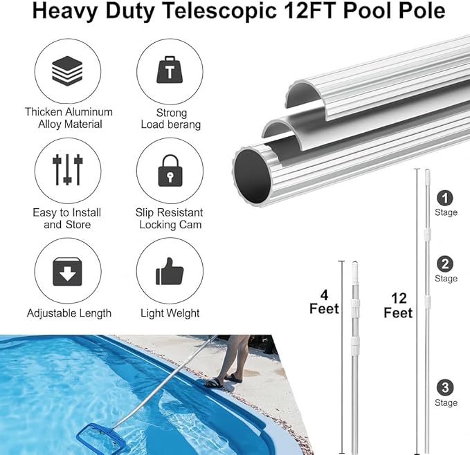 12 FT Pool Pole – Telescoping Aluminum 5/4" Diameter Pool Pole with Strong Grip & Lock - Heavy Duty 3-Piece Adjustable Design - Fits Any Skimmer, Brush, Vacuum Head