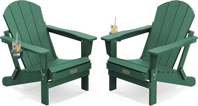 SERWALL Foldable Adirondack Chair Set of 2 for Patio Garden All Weather Adirondack Chairs with Cup Holder Outdoors Fire Pit Chairs-Green