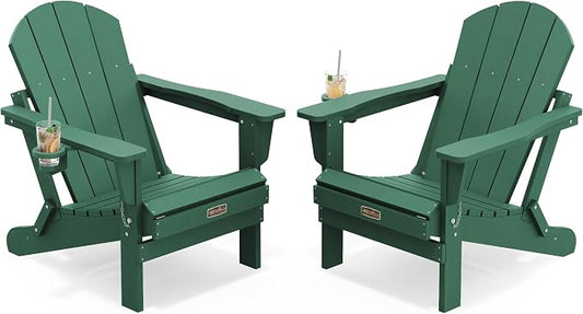 SERWALL Foldable Adirondack Chair Set of 2 for Patio Garden All Weather Adirondack Chairs with Cup Holder Outdoors Fire Pit Chairs-Green