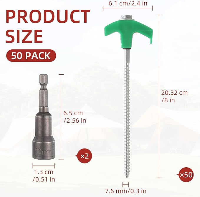 50 Pack 8 Inch Screw in Tent Stakes Heavy Duty Tent Stakes Screw in Ground Camping Stake with Hex Head Driver Metal Pegs Spikes for Camping Garden Yard (Green)