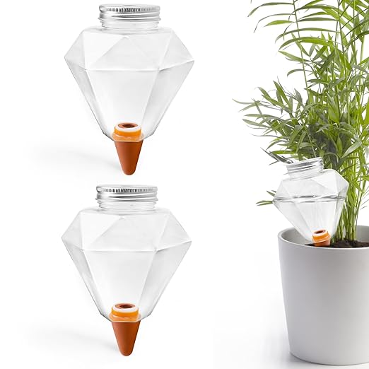 Watering Globes XL - 2 Pcs Diamond Plastic Shape Plant Watering Globes Self Watering Planter Insert 17oz Large for Indoor＆Outdoor Plants Watering Bulbs