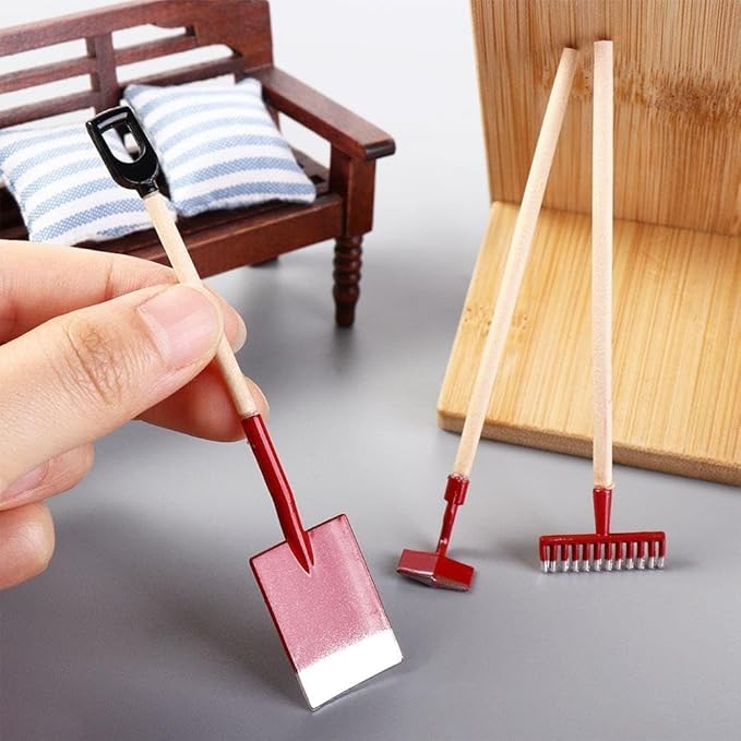 3Pcs Miniature Garden Tools 1:12 Mini Shovels and Rake Farm Tools Fairy Garden Furniture Dollhouse Accessories (Green)