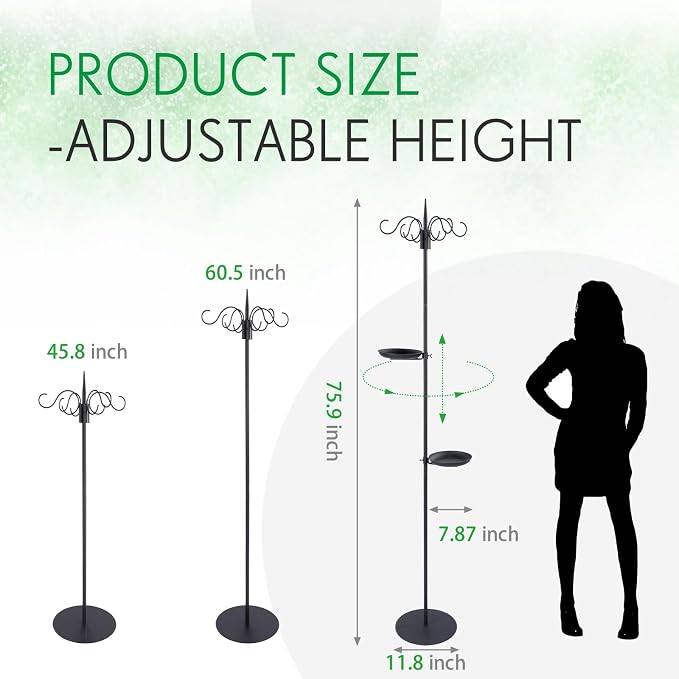 2 Sets Upgraded 75.9" Shepherds Hook for Bird Feeder, Hanging Plant Wind Chime Stand, Metal Adjustable Standing Pole Holder for Indoor Outdoor, with 2 Rack & Weight Bag (4 Hooks)