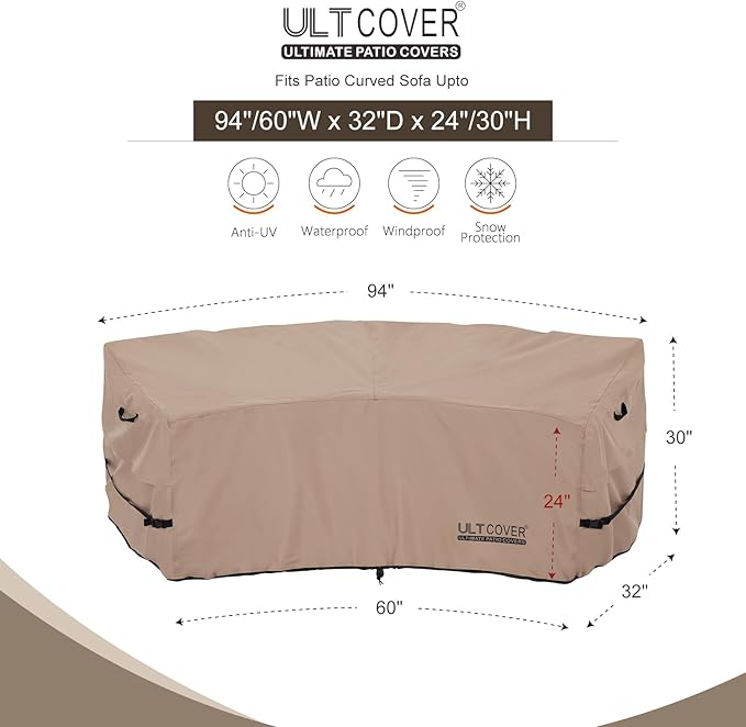 ULTCOVER Patio Curved Sofa Cover Waterproof for 2-3 Seater Outdoor Sectional Furniture Couch 94"(Back Arc Length) / 60"(Front Arc Length) x 32"(Deep)