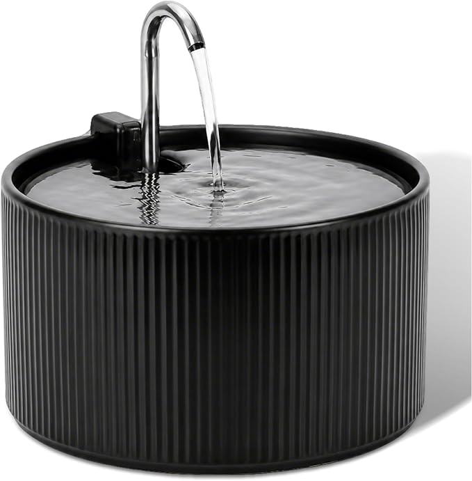 Ceramic Cat Water Fountain, 2.2L/78oz Ceramic Cat Fountain, Automatic Ceramic Water Fountain for Cats, Pet Water Fountain with Ultra-Quiet Pump and 3 Filters & 3 Sponges (Black)