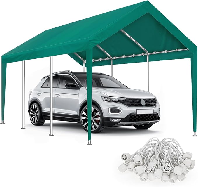 Carport Canopy Replacement Cover, Waterproof & UV Protected Garage Top Tarp Shelter Cover with Ball Bungee Cords, Car Cover Tent (Frame is not Included) (Green, 10'x20')