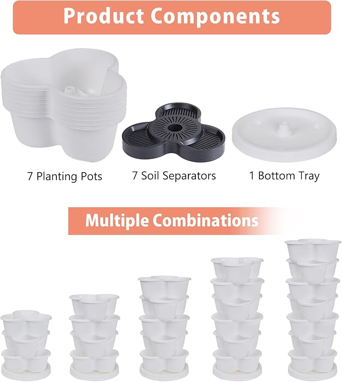 VECELO 7 Tier Vertical Garden Planter, Self Watering Stackable Planters with Wheels for Strawberries, Herbs, Flowers, Vegetables, White
