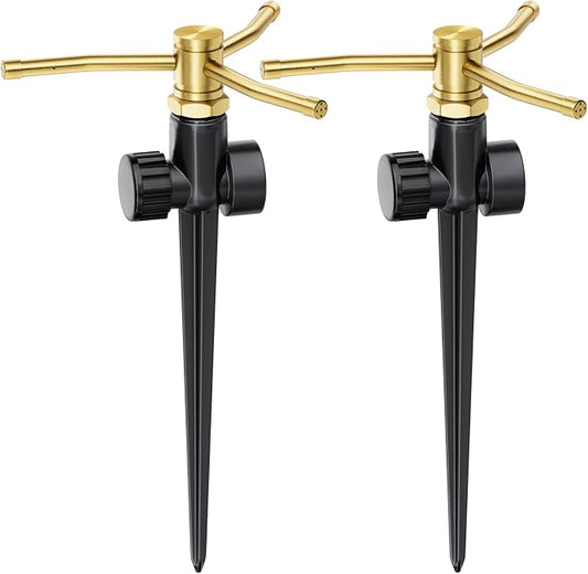 FANHAO 2 Pack Metal Lawn Sprinklers with Spike Base, Heavy Duty Automatic Rotary Garden Sprinkler System, 3-Arm Water Sprinkler 360 Degree Large Area Coverage for Plant, Flower Bed and Patio