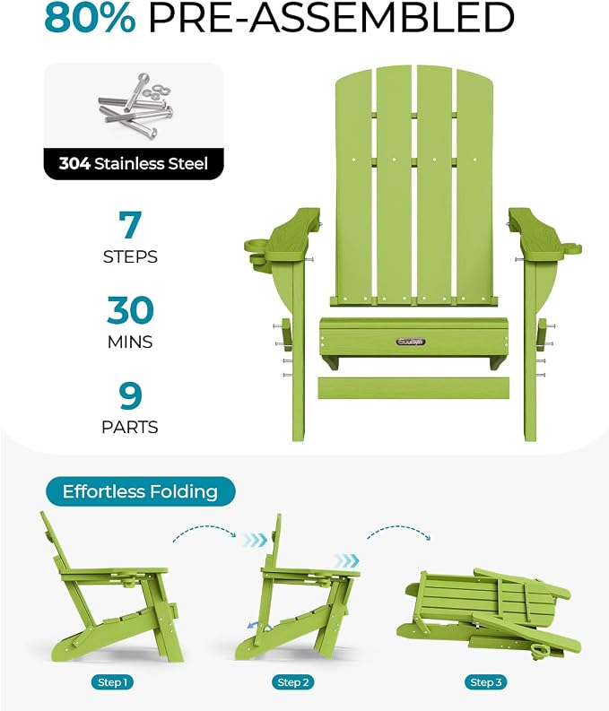 Folding Adirondack Chair Set of 2, HDPE Adirondack Chairs with 2 Cup Holder, Plastic All-Weather Fire Pit Chairs, Outdoor Lawn Chair for Patio Garden (Lime)