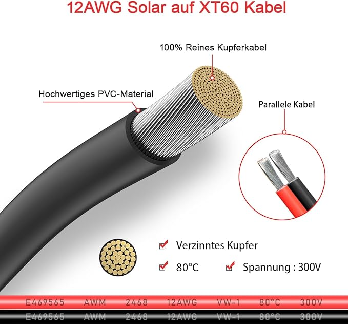 ELFCULB 12AWG 25FT XT60 Solar Cable 2 10 25 35 50 75 100FT XT60 Extension Cable Solar Panel Connector to XT60 Connector for Portable Power Station (25FT)