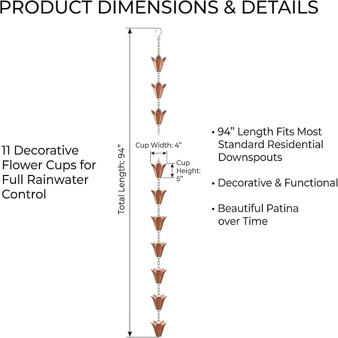 Topadorn 7.8FT Pure Copper Rain Chain with 11 Lily Cups, Decorative Downspout Water Diverter, Adjustable Outdoor Garden Patio Porch Water Feature