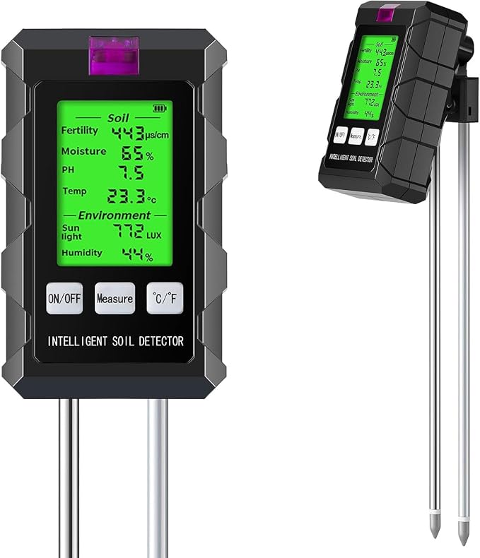 6-in-1 Soil Moisture Meter, Soil Tester for Plants with Soil Moisture, PH Meter, Temperature, Sunlight, Fertility, Environmental for Farming, Gardening (2*AAA Battery Needed)