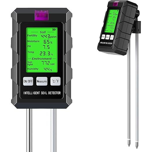 Soil Test Kit, 6-in-1 Soil Moisture, PH, Fertility Meter with Digital Soil Temp, Air Temp and Humidity, Dual Screen Tester for Plants, Lawn, Farm, Indoor and Outdoor(2*AAA Battery Needed)