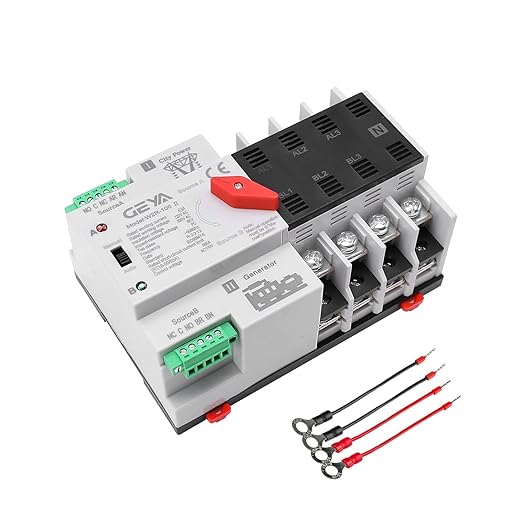 GEYA Mini ATS Automatic/Manual Transfer Switch, Solar Auto Dual Power Over & Under Voltage Switch 50/60Hz Grid to AC Generator(4Pole 63A 110V)
