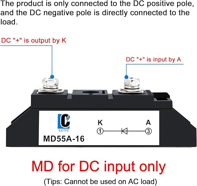 50 amp Diodes 12V blocking 110V and 120V MD 55A-16;to Prevent Backfeed;Use Voltage Range:AC < 400VAC ;DC 3-1000V;Used in photovoltaics,battery,trailer,car 24V 48 volt Solar Diode Anti-Reverse