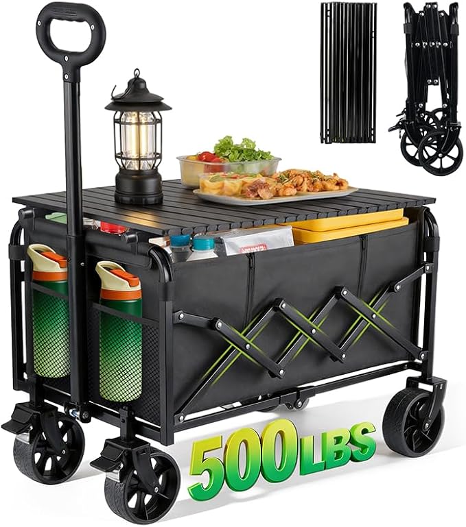 500LBS Collapsible Folding Wagon Carts with Table - 230L Large Foldable Collapsible Portable Wagon Cart with Breaks, Heavy Duty & All-Terrain Swivel Wheels for Camping Shopping Garden & Fish