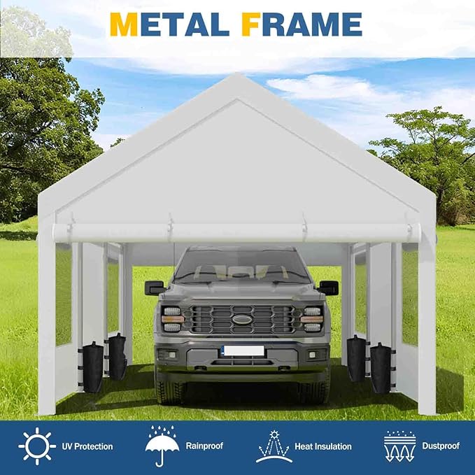 JAMFLY 12x20 ft Carport, Heavy Duty Carport with Roll-up Windows, Portable Garage with Removable Sidewalls & Doors, Car Canopy with Sandbags and All-Season Tarp for Car, Truck, Boat, Motorcycle, White