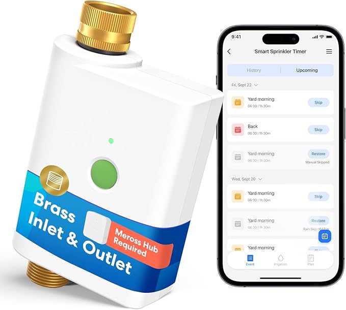 meross WiFi Water Hose Timer, Smart Sprinkler Timer with Brass Inlet & Outet, Work with Apple Homekit, Alexa & Google Assistant, Water Valve for Lawn, Garden, Yard and Pool, MSH400/MSH450 Hub Required