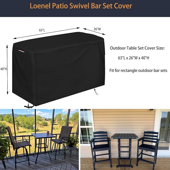 Outdoor Bar Table Set Cover, Waterproof Patio Furniture Covers Outdoor Dining Table Cover for Bistro Tables & Chairs Set- 63"L x 26"W x 40"H