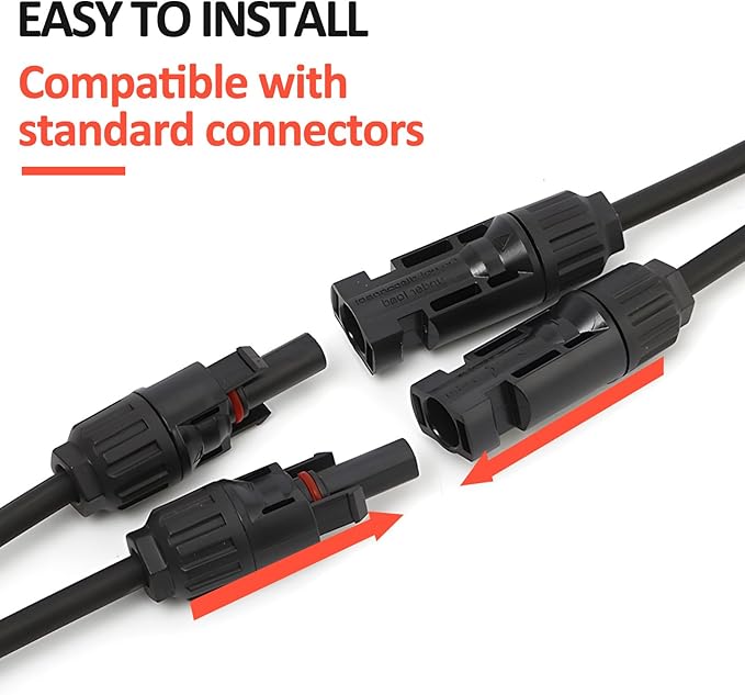 20 FT 10AWG Solar Extension Cable with Female and Male Connector with Extra Free Pair of Solar Y Connector Adaptor Kit for Home, Ship and RV Solar Panels (20FT Red + 20FT Black)