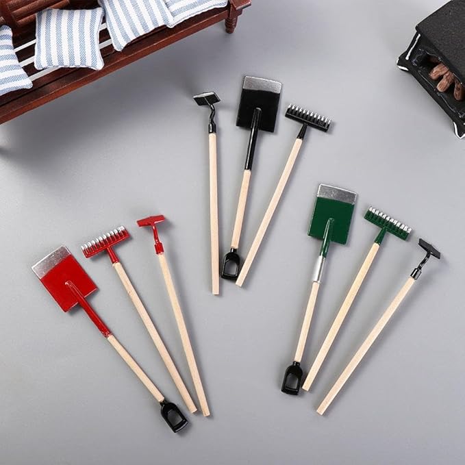 Miniature Dollhouse Garden Tools 3PCS Mini Doll House Working Accessories, 1:12 Scale Dollhouse Miniature Shovel Hoe and Pitchfork